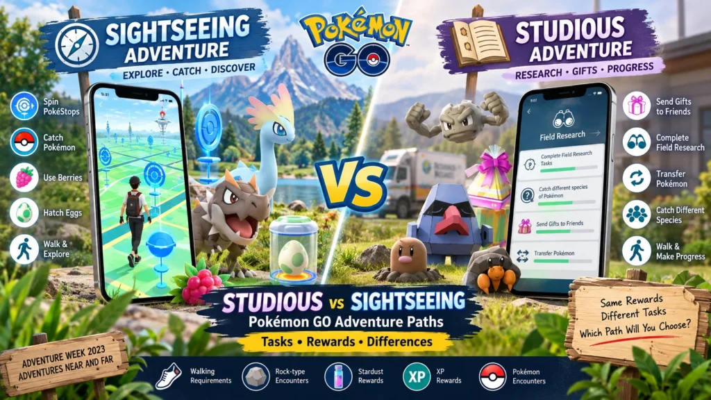 Studious vs Sightseeing in Pokémon GO Paths, Tasks, Rewards & Differences