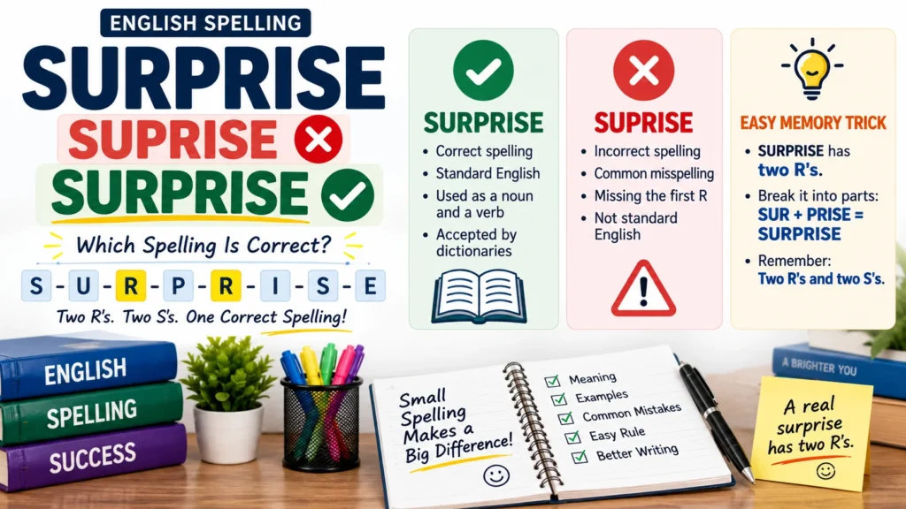 Suprise or Surprise Which Spelling Is Correct Meaning, Examples & Easy Rule